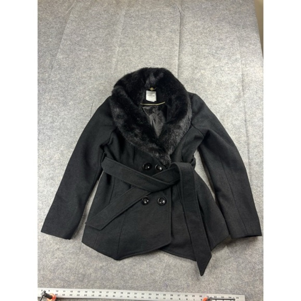 Y2K 2000s BEBE FAUX FUR BELTED TRENCH COAT WOMENS L SEXY GOING OUT BLACK